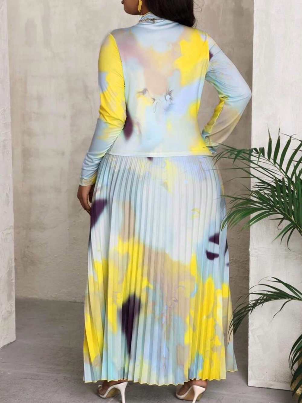 Pleated Watercolor Maxi Dress — Yellow, Light Blue, Purple - Picture 3 of 7